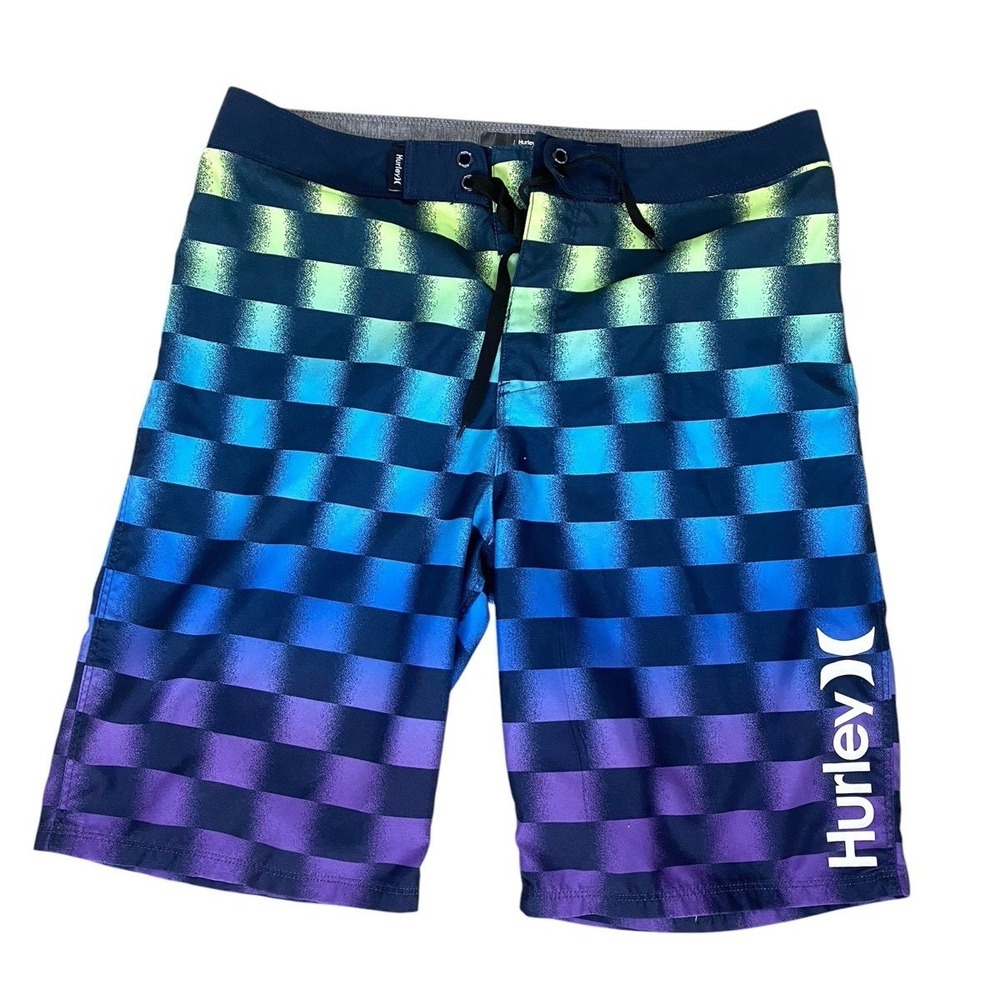 Hurley Youth Swim Trunks Multicolor Blurred Check Sz  18 / 29 Waist Back Pocket